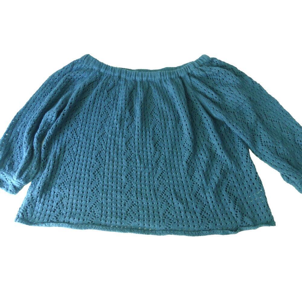 INC‎ International Women's XL Eyelet Sweater Off Shoulder Blue Y2K Knit Puff Slv
